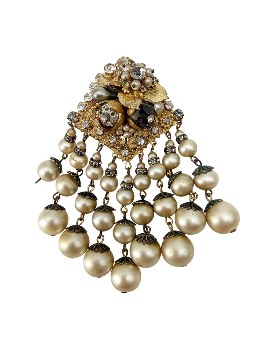 vintage Eugene gold & cascading faux pearls BROOCH floral costume jewelry pin